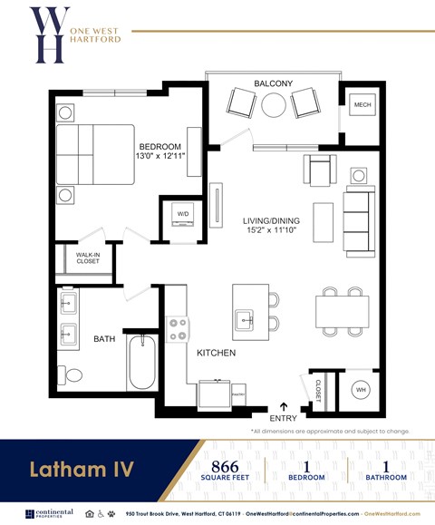 Floor plan for 1 bed, 1 bath, 866 sqft